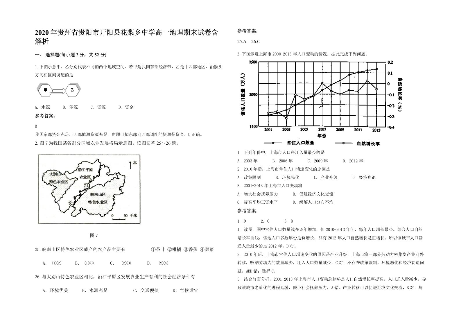 2020年贵州省贵阳市开阳县花梨乡中学高一地理期末试卷含解析