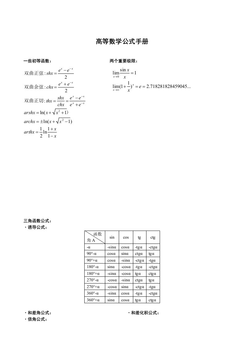 高等数学公式手册(来自WPS支持国产办公软件)