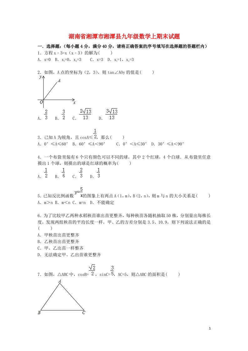 湖南省湘潭市湘潭县九级数学上期末考试试题（含解析）