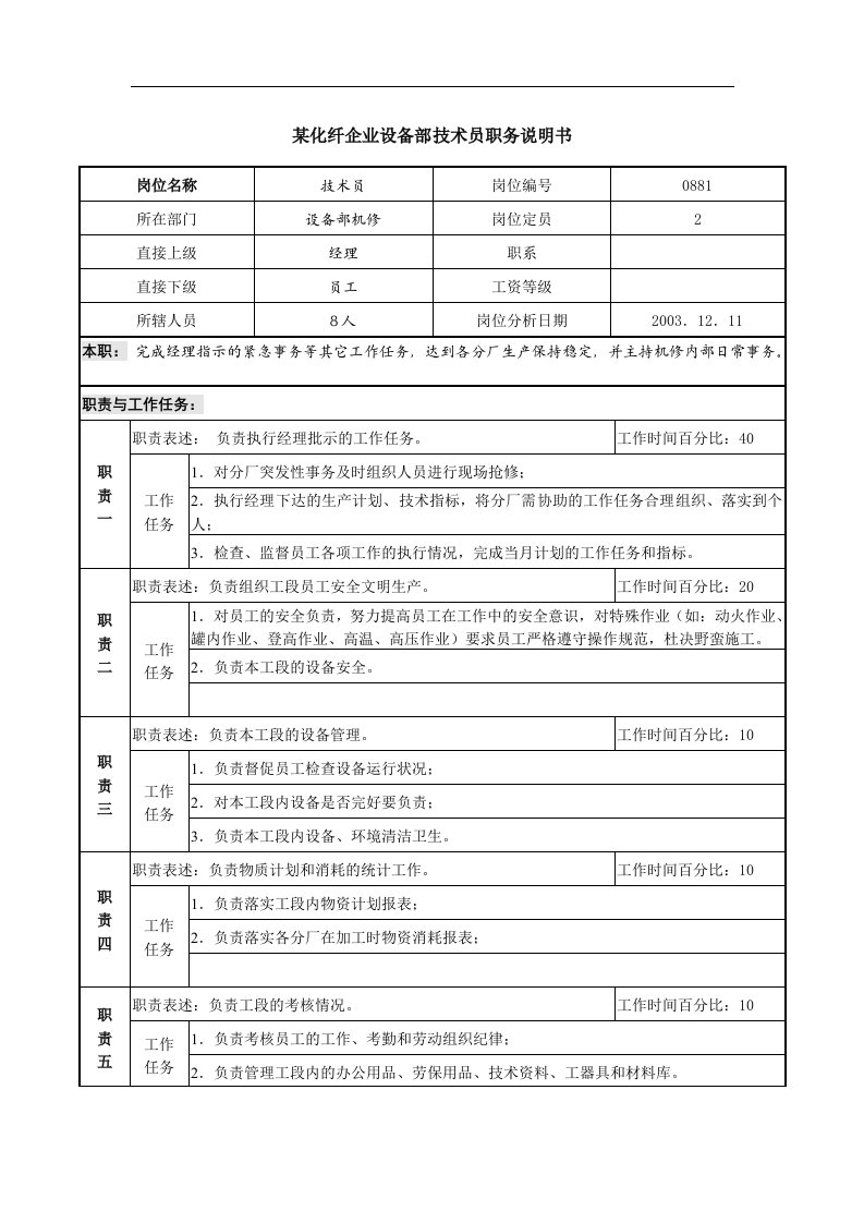 某化纤企业设备部技术员职务说明书