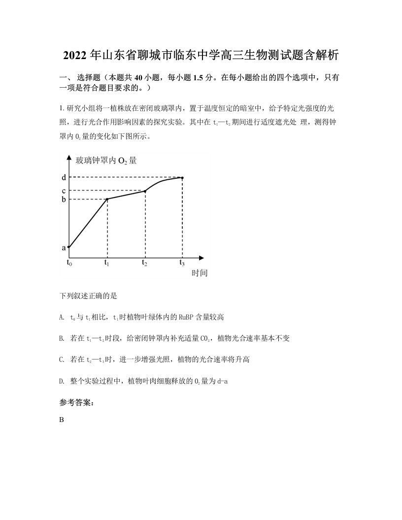 2022年山东省聊城市临东中学高三生物测试题含解析