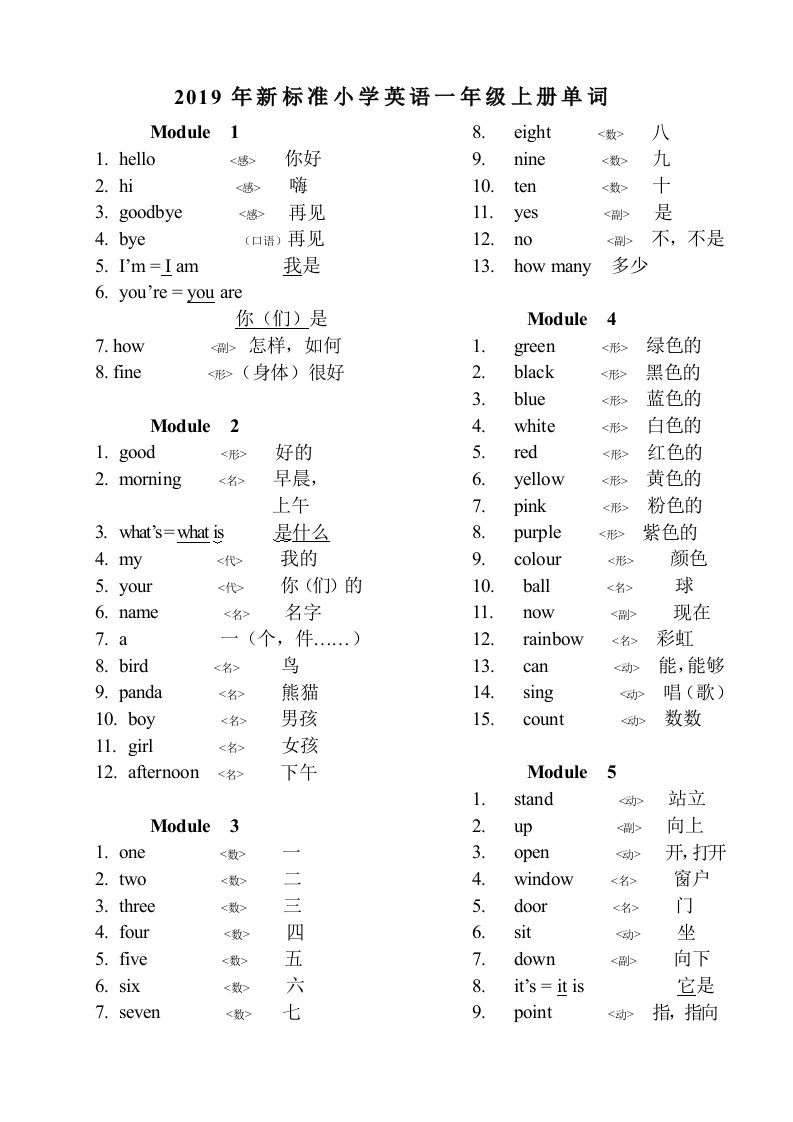 2019年新标准小学英语一年级上册单词