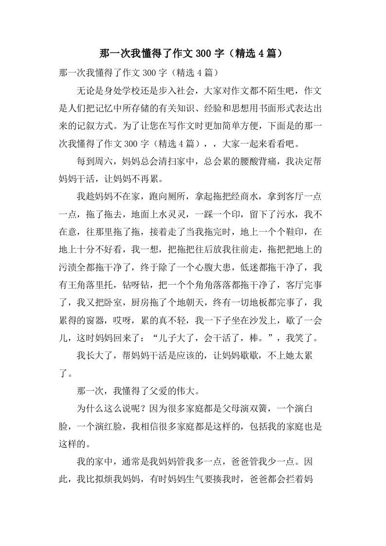 那一次我懂得了作文300字（4篇）