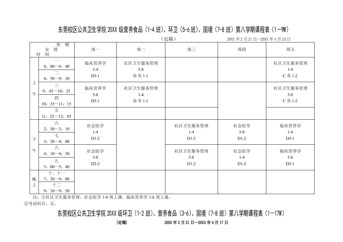 广东医学院第二学期东莞校区各专业课程表