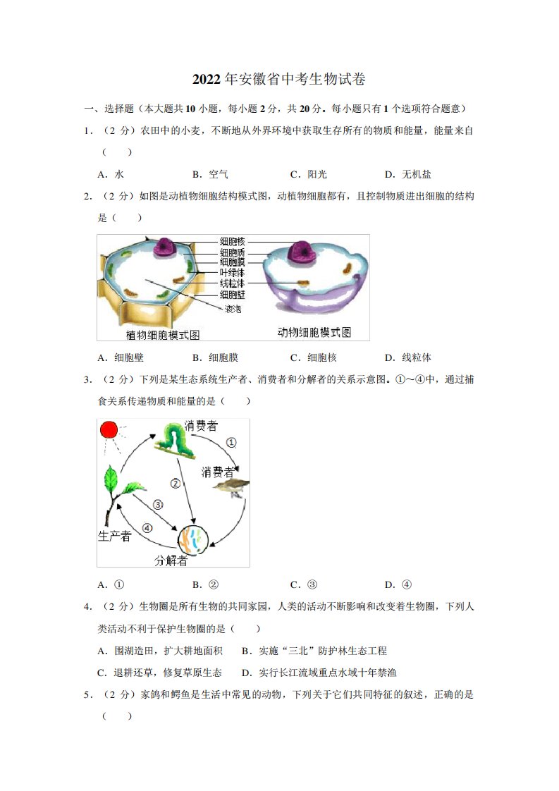 2024年安徽省中考生物真题试卷(含解析)