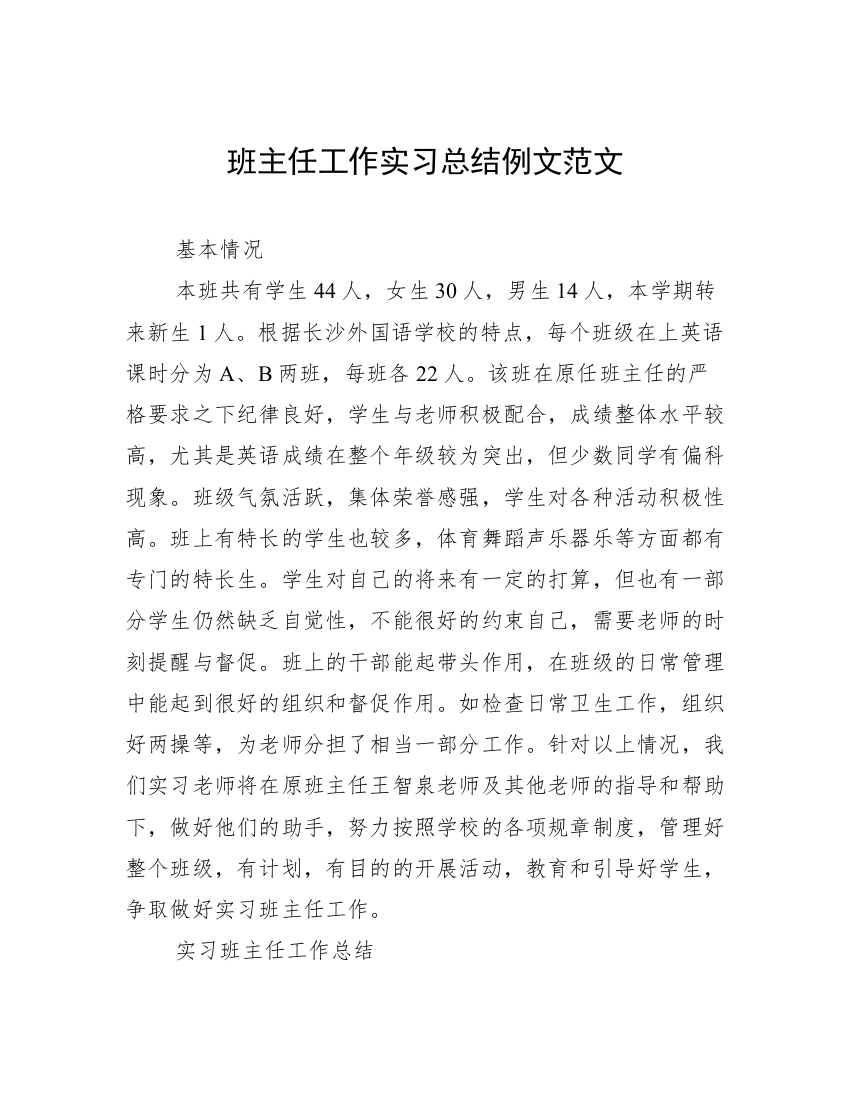 班主任工作实习总结例文范文