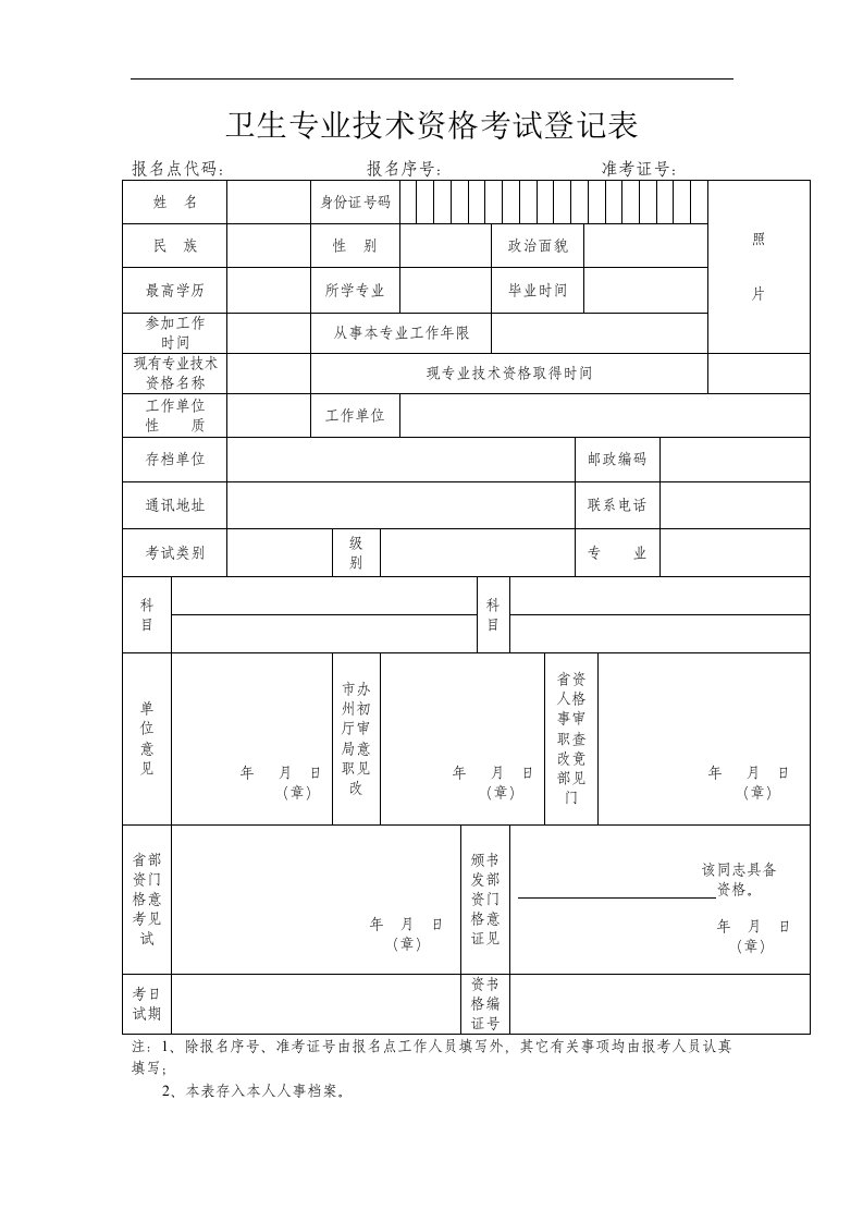 卫生专业技术资格考试登记表doc