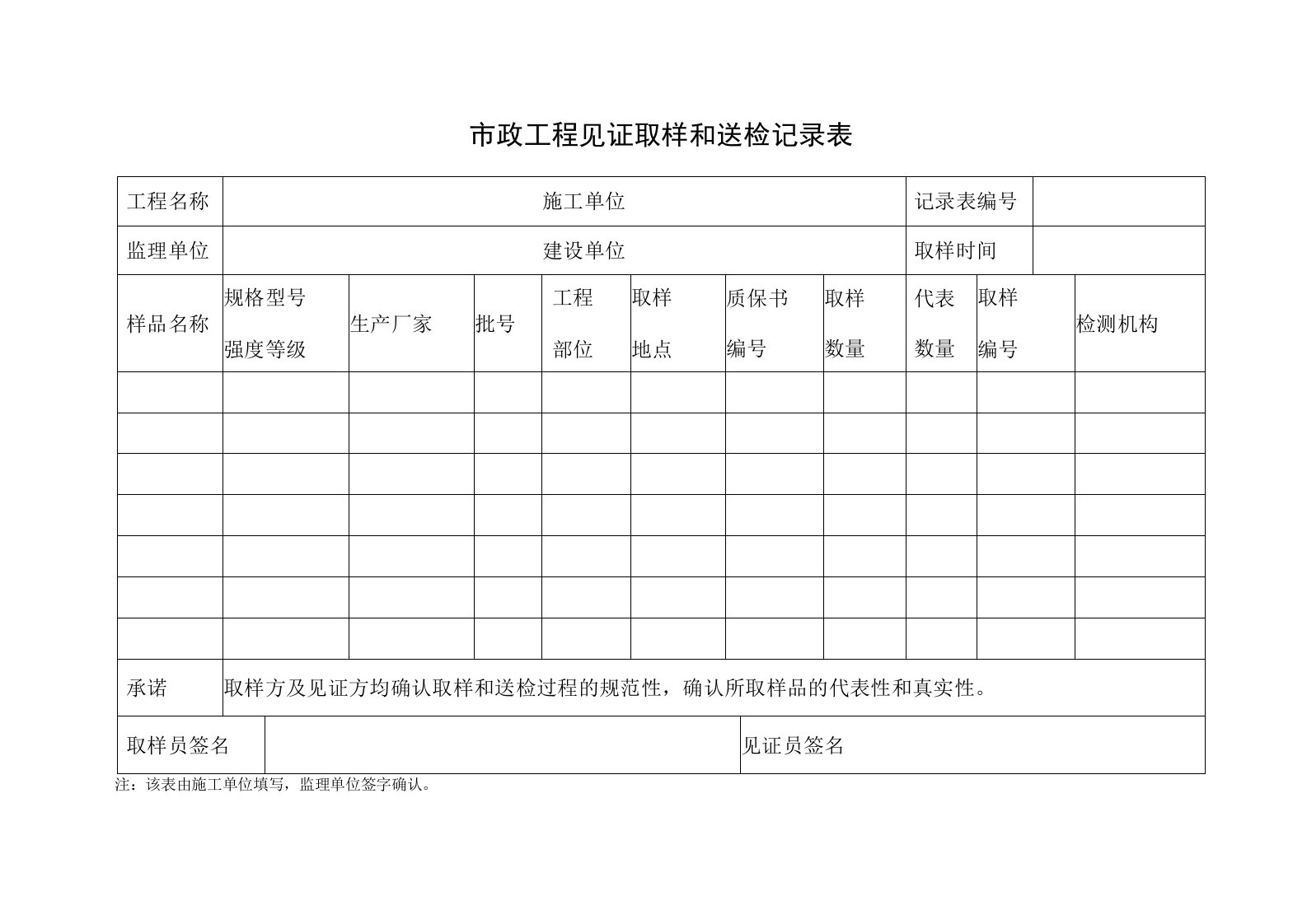 市政工程见证取样和送检记录表