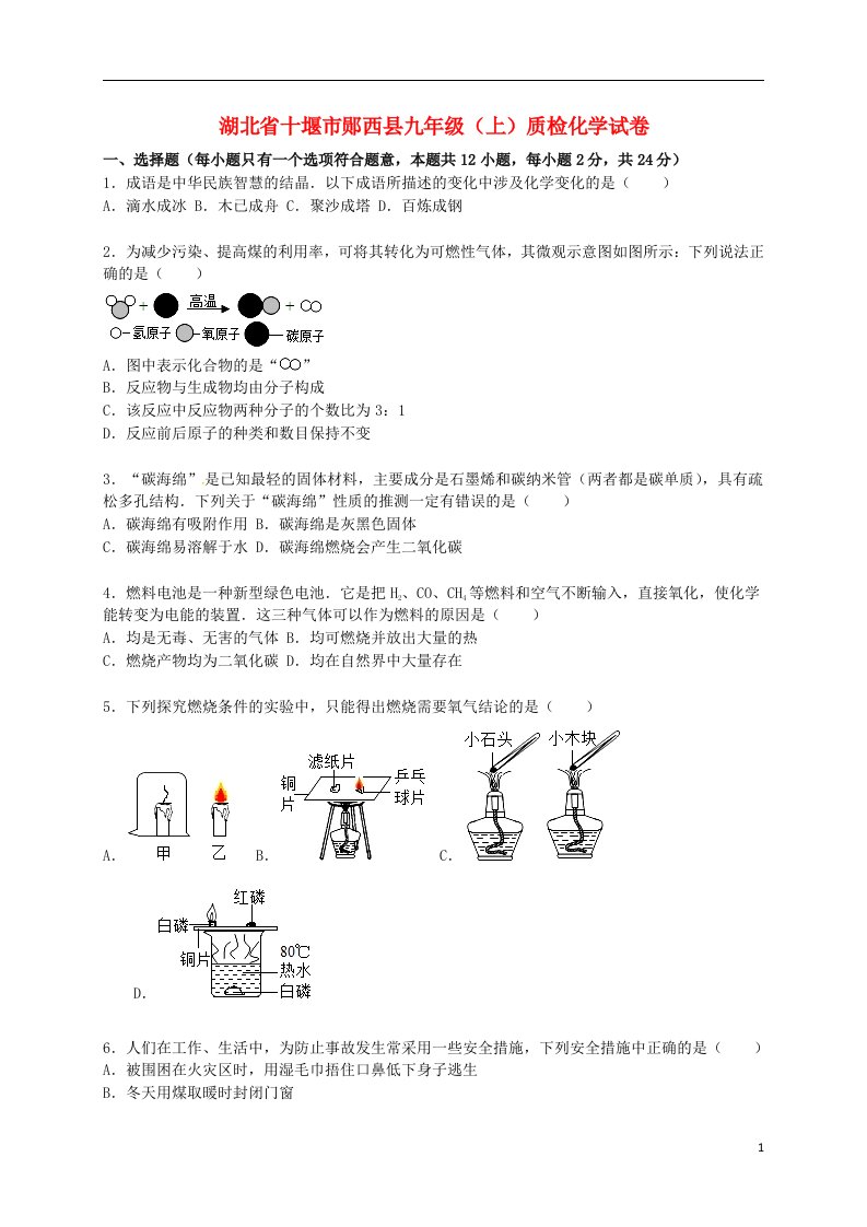 湖北省十堰市郧西县九级化学上学期1月质检试题（含解析）