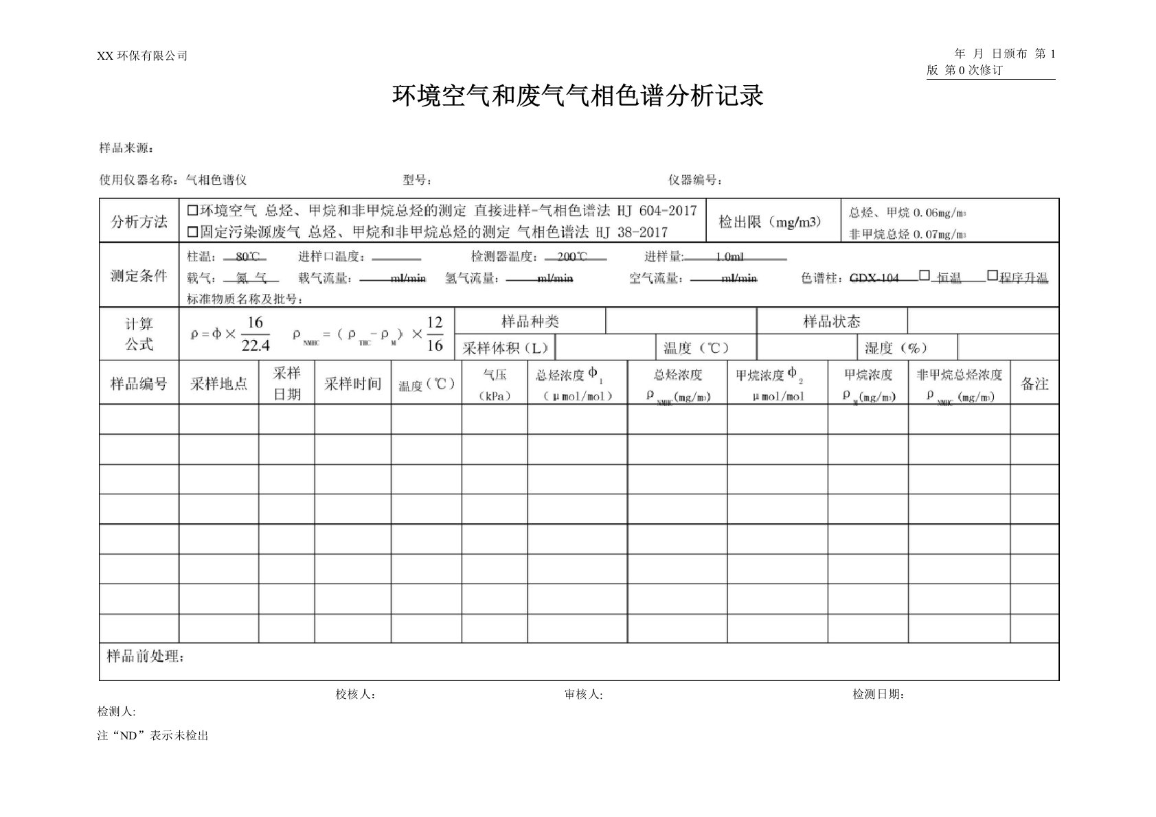 总烃、甲烷和非甲烷总烃气相色谱原始记录