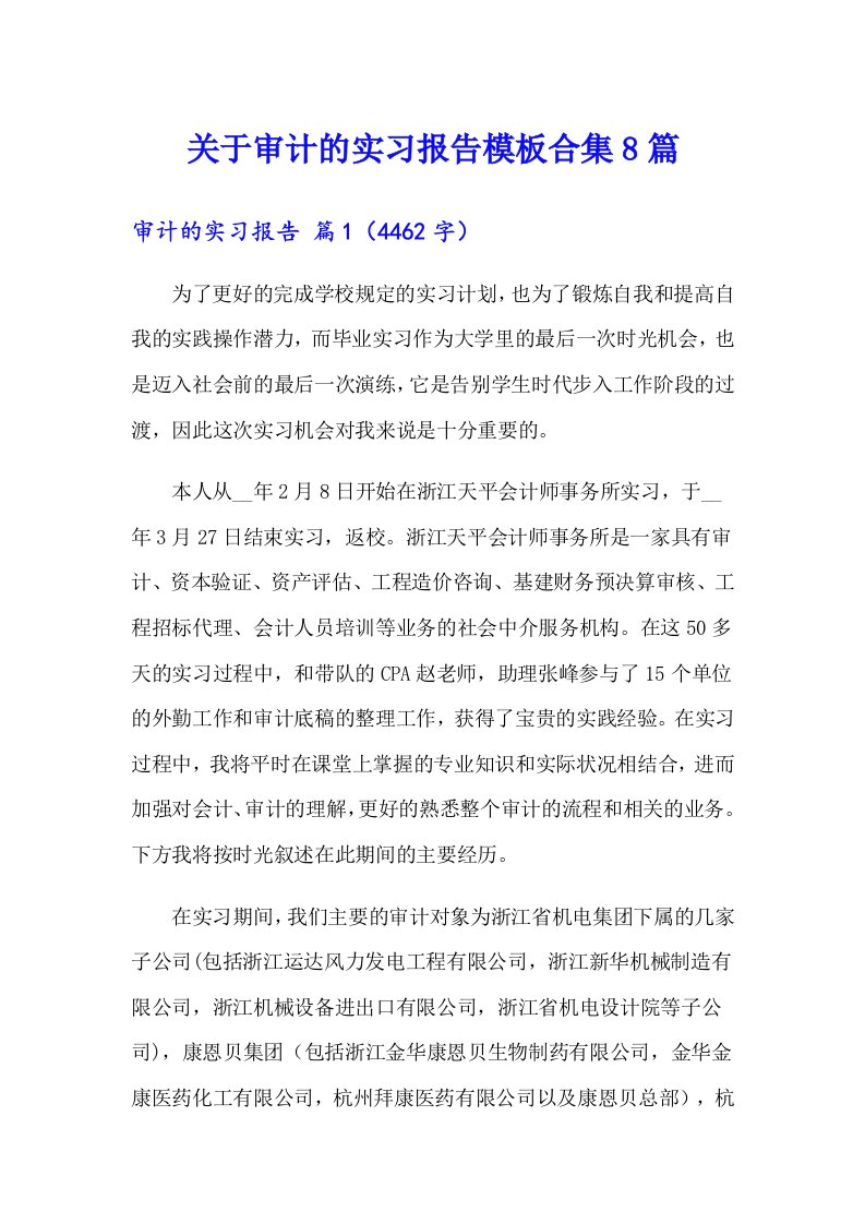 关于审计的实习报告模板合集8篇