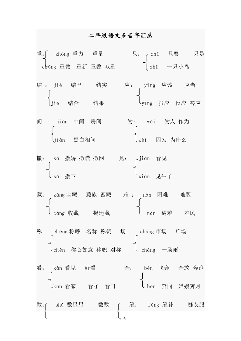 最新部编版二年级语文多音字汇总