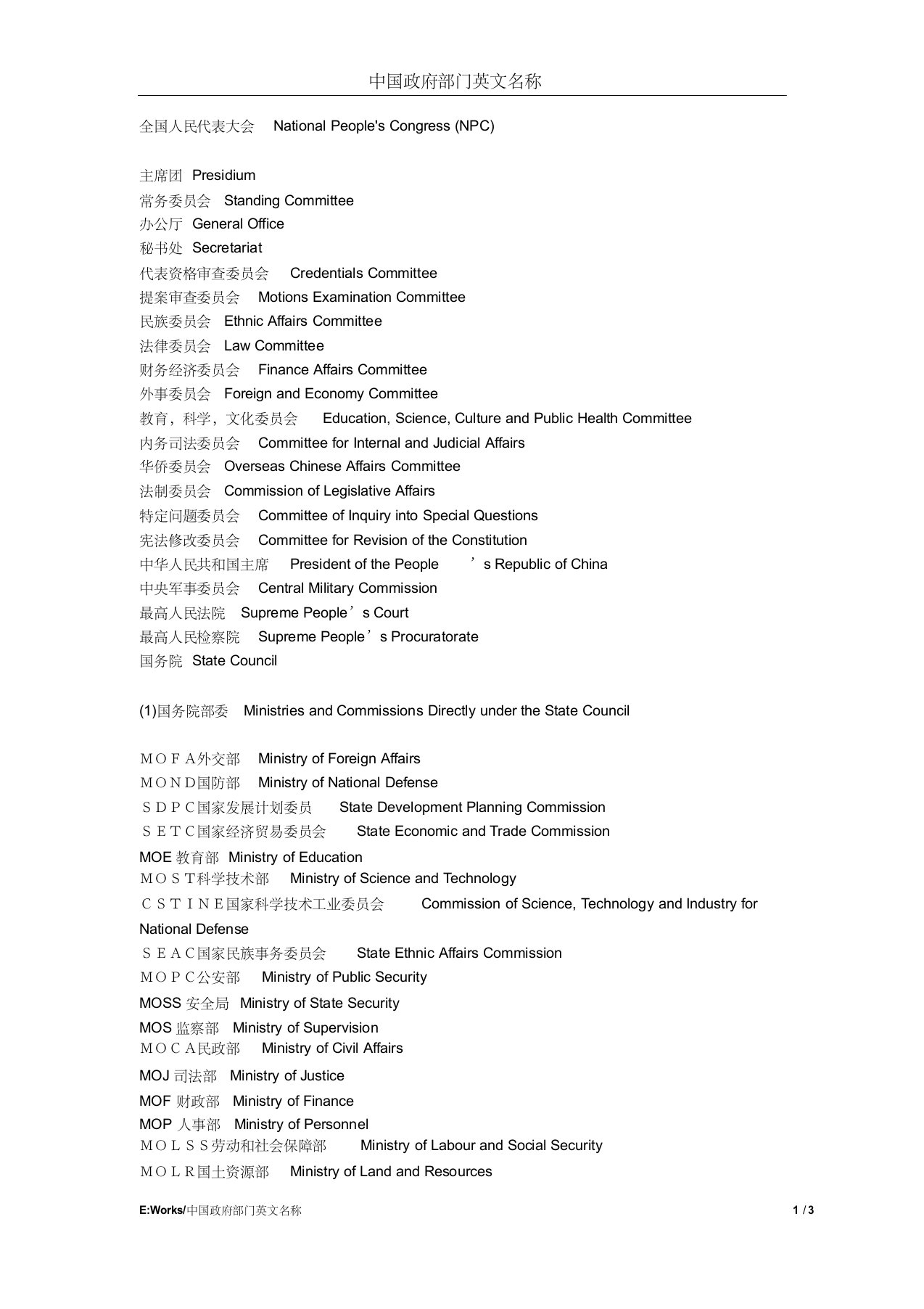 中国政府部门英文名称
