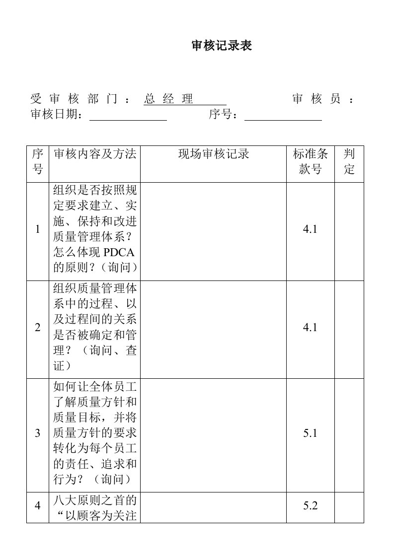 质量审核记录表品质管理