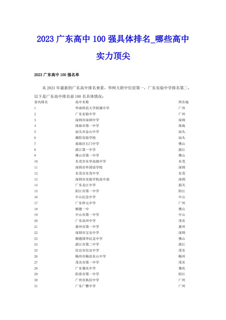 2023广东高中100强具体排名_哪些高中实力顶尖