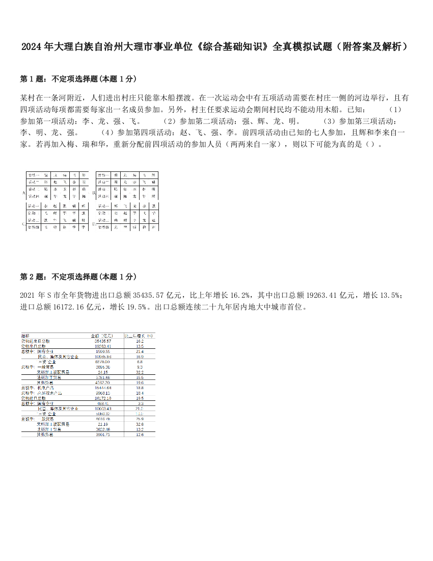 2024年大理白族自治州大理市事业单位《综合基础知识》全真模拟试题（附答案及解析）