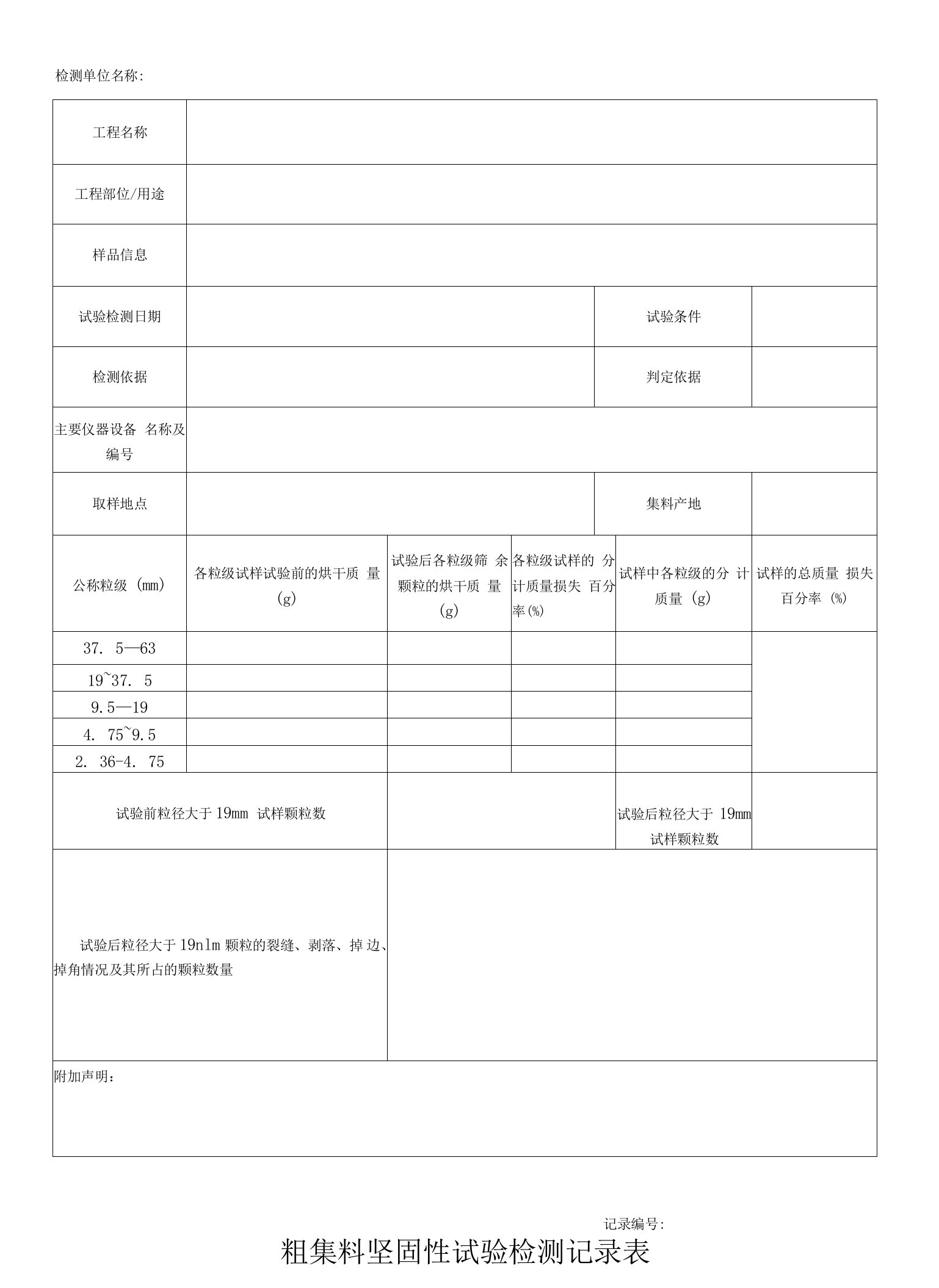 粗集料坚固性试验检测记录表