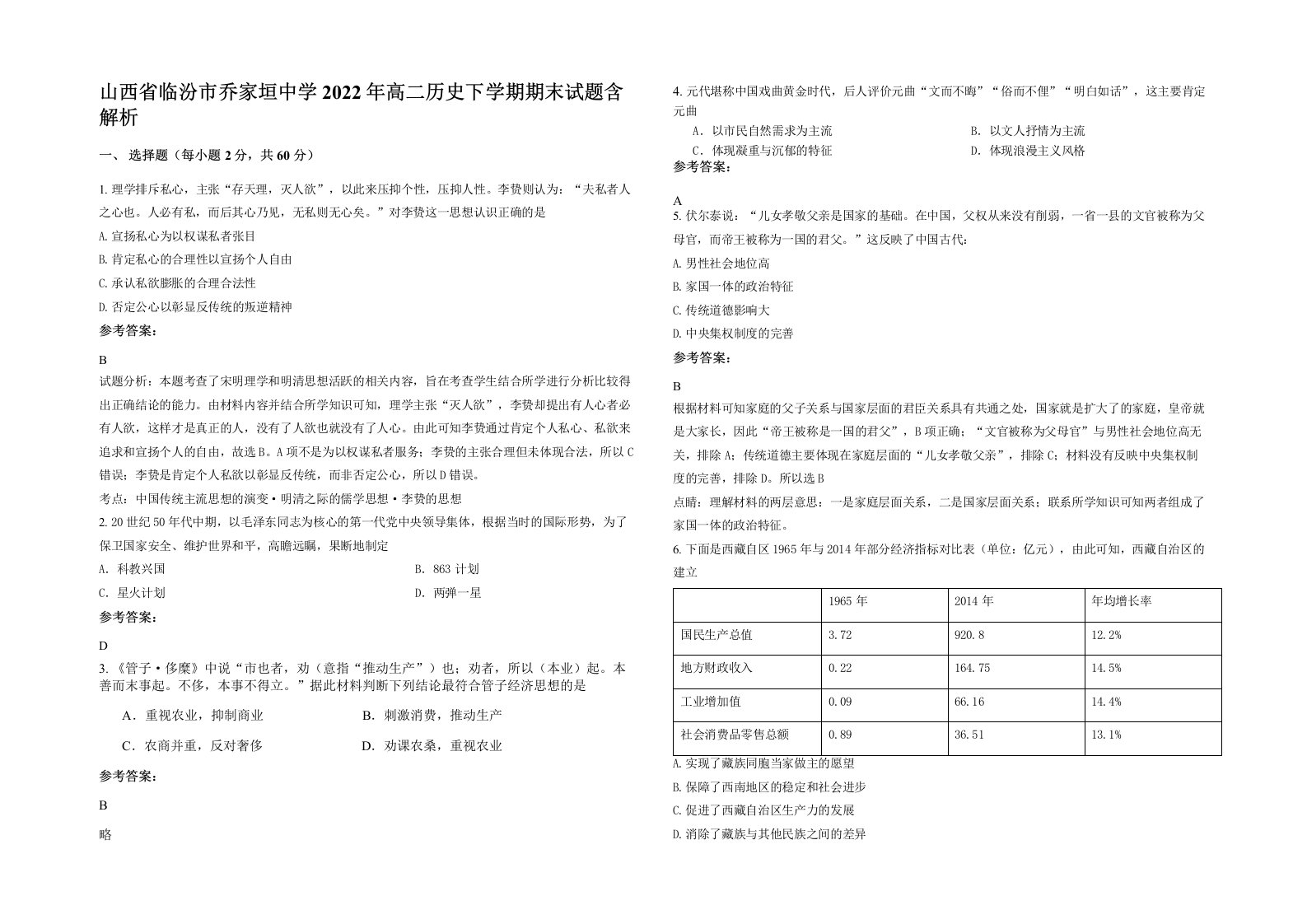 山西省临汾市乔家垣中学2022年高二历史下学期期末试题含解析