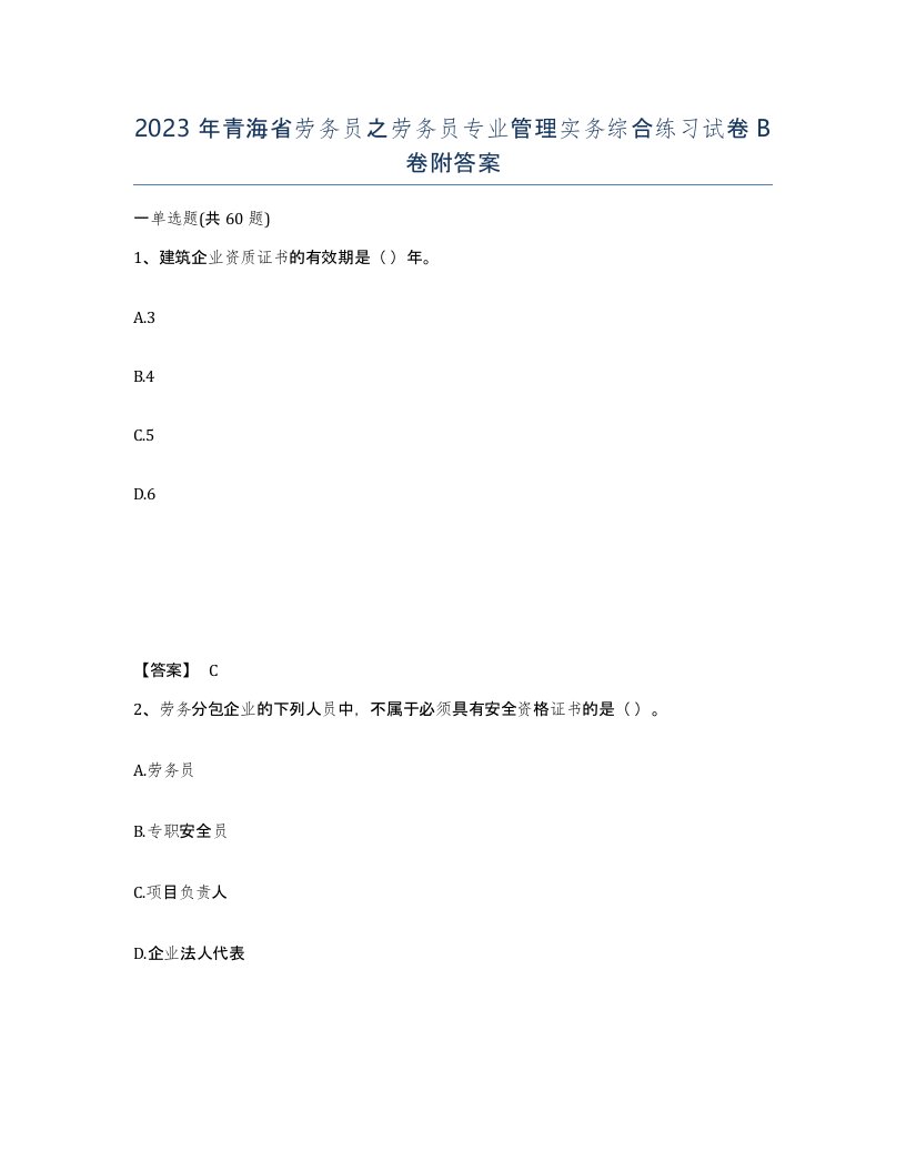 2023年青海省劳务员之劳务员专业管理实务综合练习试卷B卷附答案