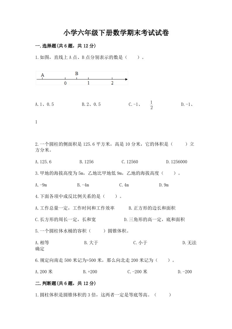 小学六年级下册数学期末考试试卷带答案（轻巧夺冠）