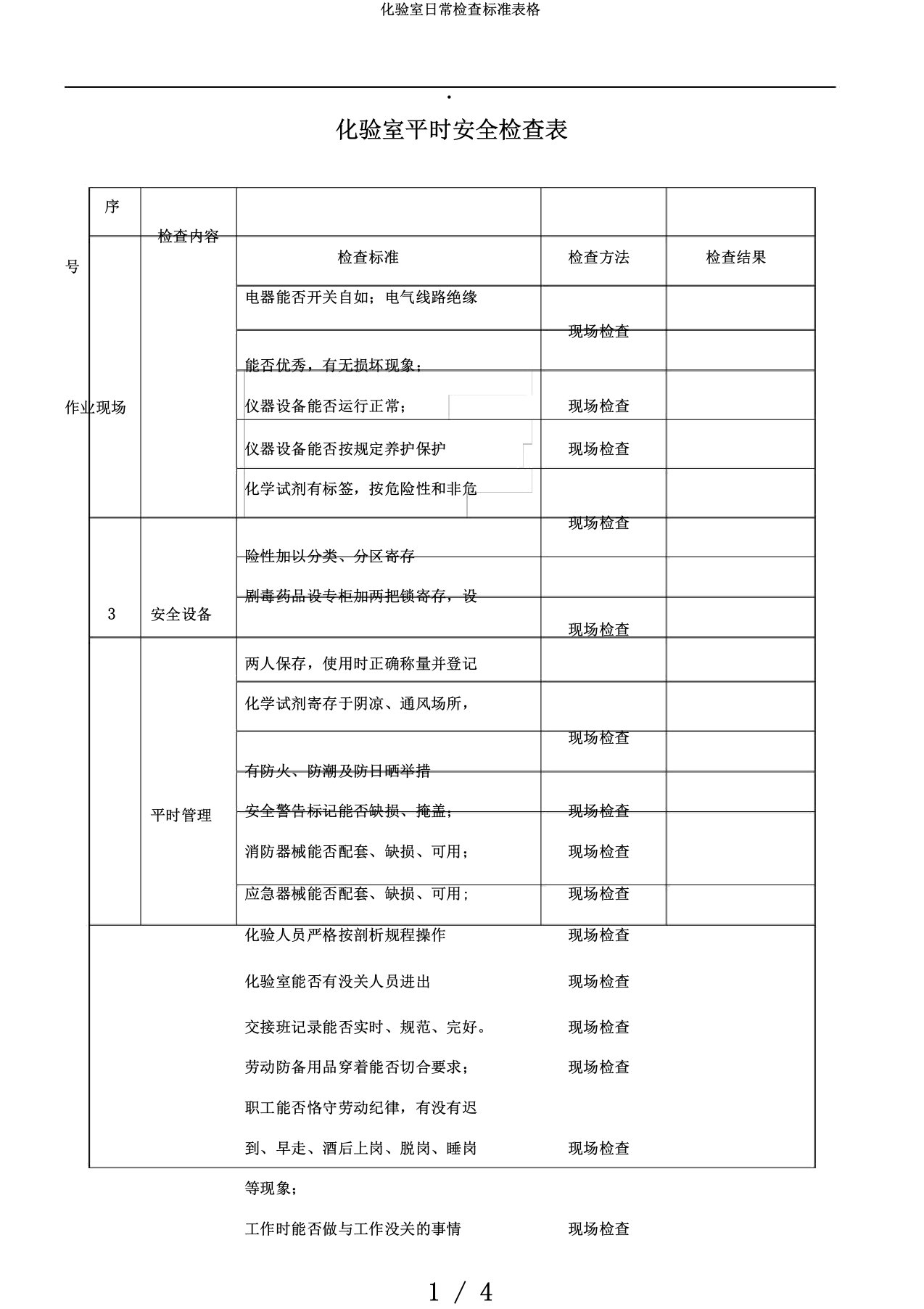 化验室日常检查标准表格