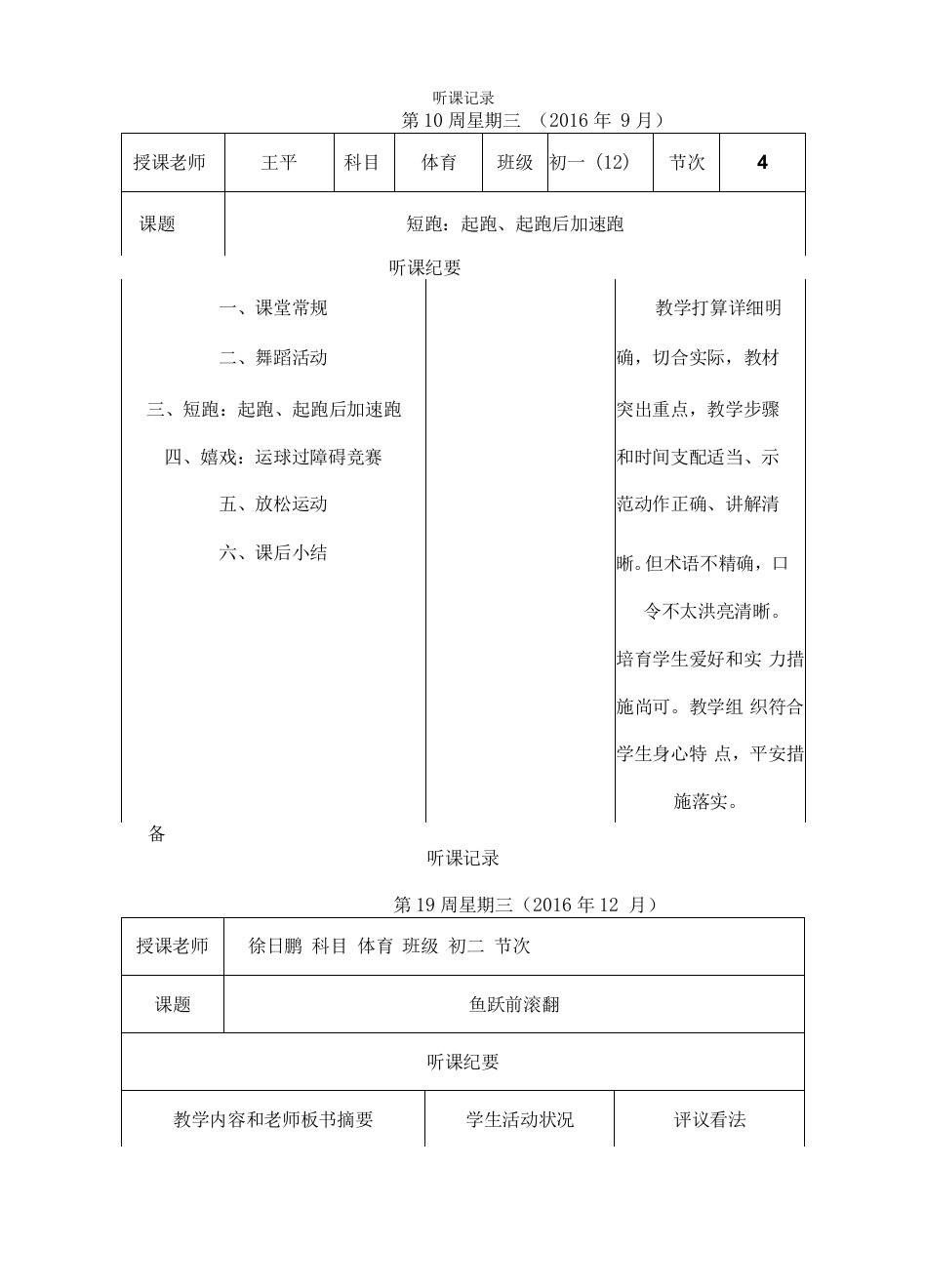 高中体育实习听课记录12篇