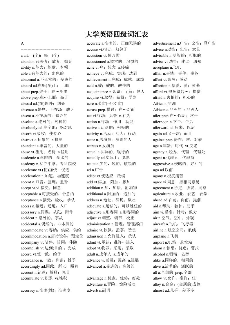 大学英语四级词汇表(6)