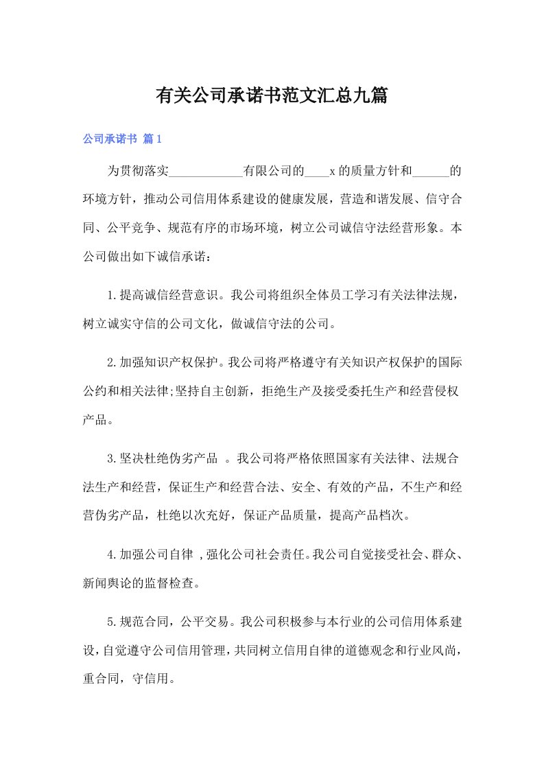 有关公司承诺书范文汇总九篇