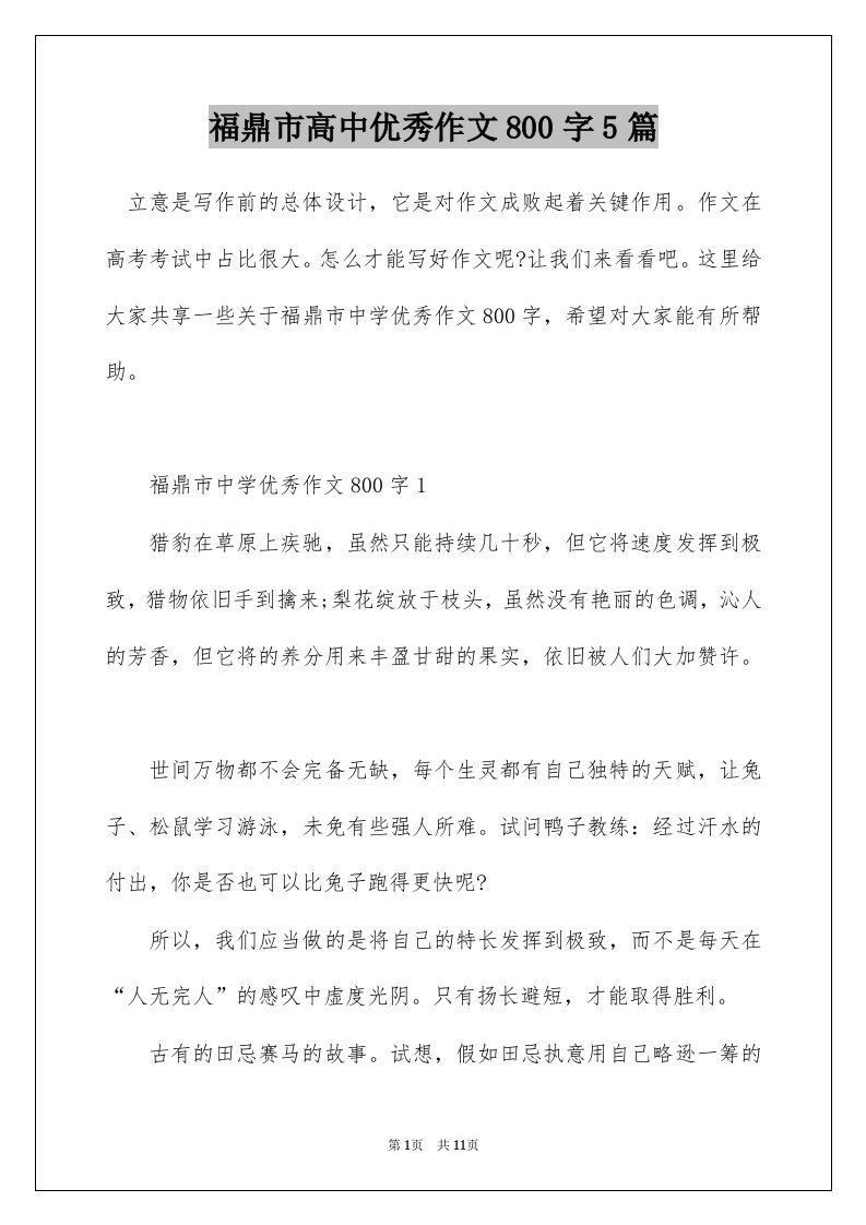 福鼎市高中优秀作文800字5篇