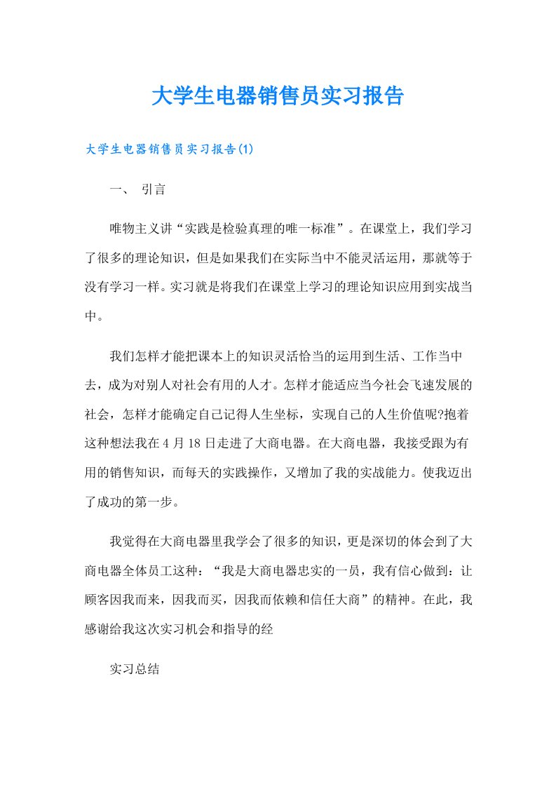 大学生电器销售员实习报告