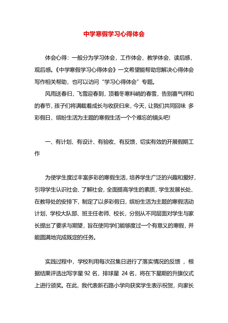 中学寒假学习心得体会