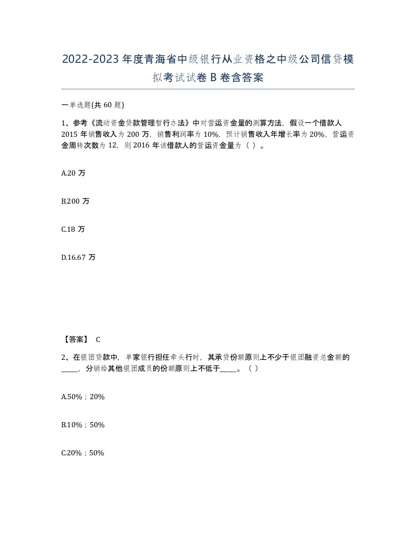 2022-2023年度青海省中级银行从业资格之中级公司信贷模拟考试试卷B卷含答案