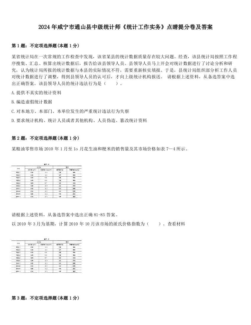 2024年咸宁市通山县中级统计师《统计工作实务》点睛提分卷及答案