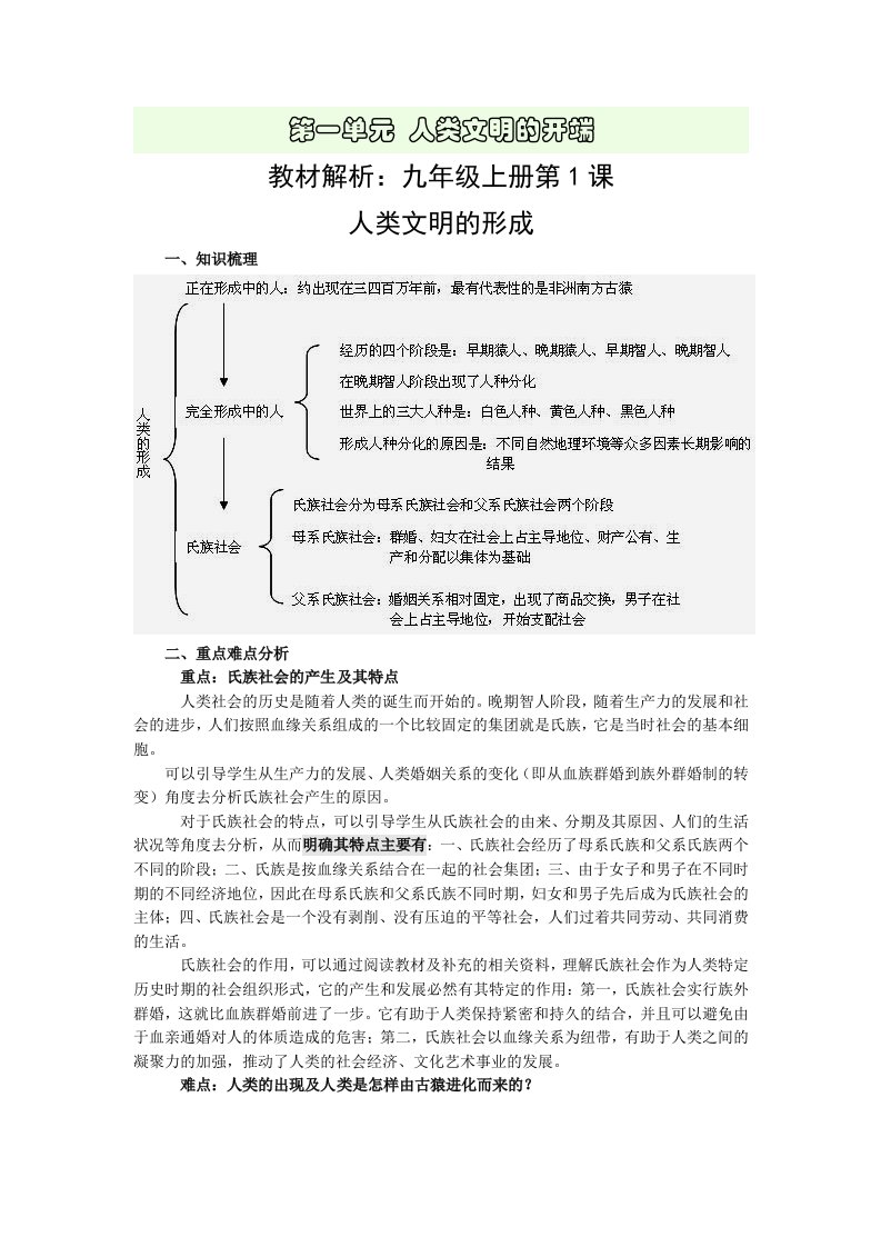 人教版九年级历史上册每课内容详细解析