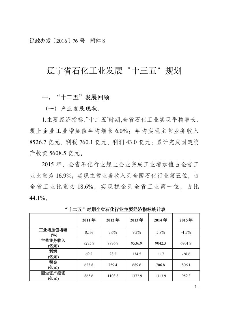 辽宁石化工业发展“十三五”规划