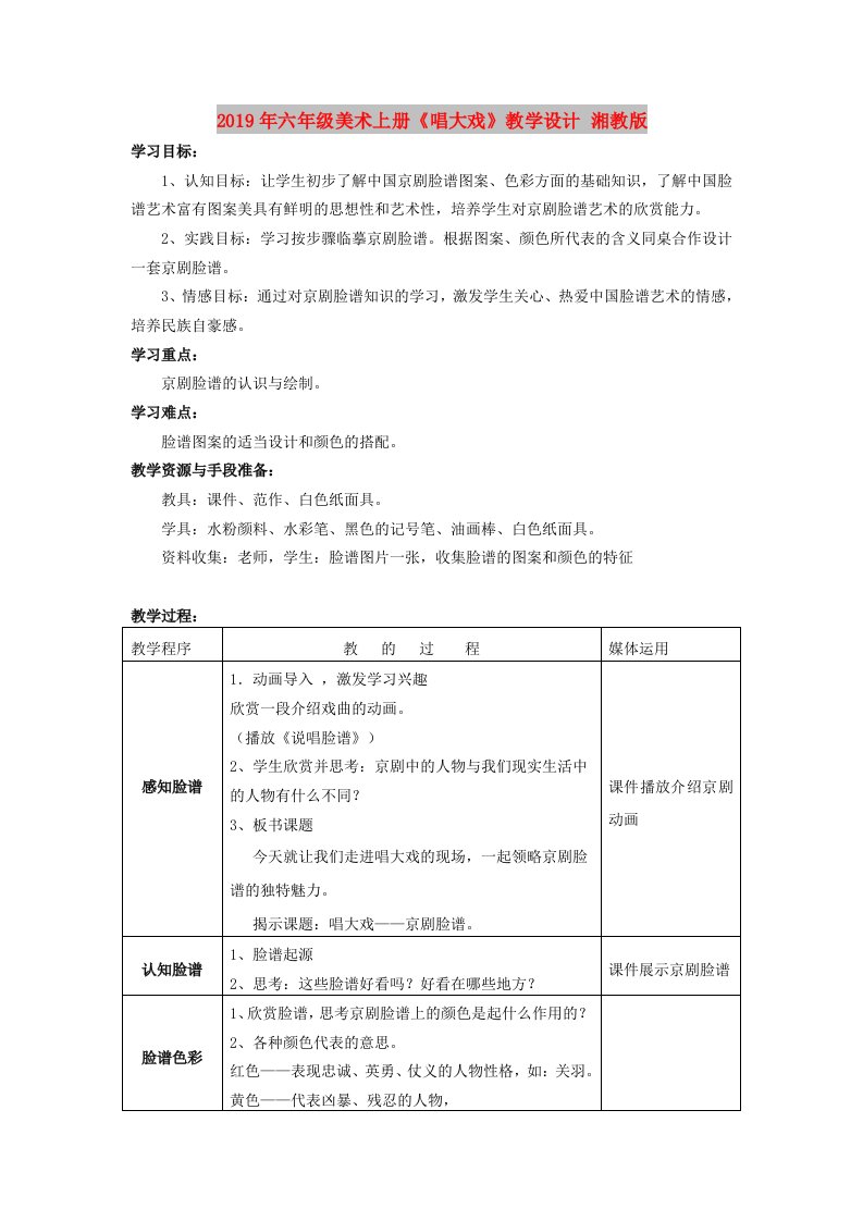 2019年六年级美术上册《唱大戏》教学设计