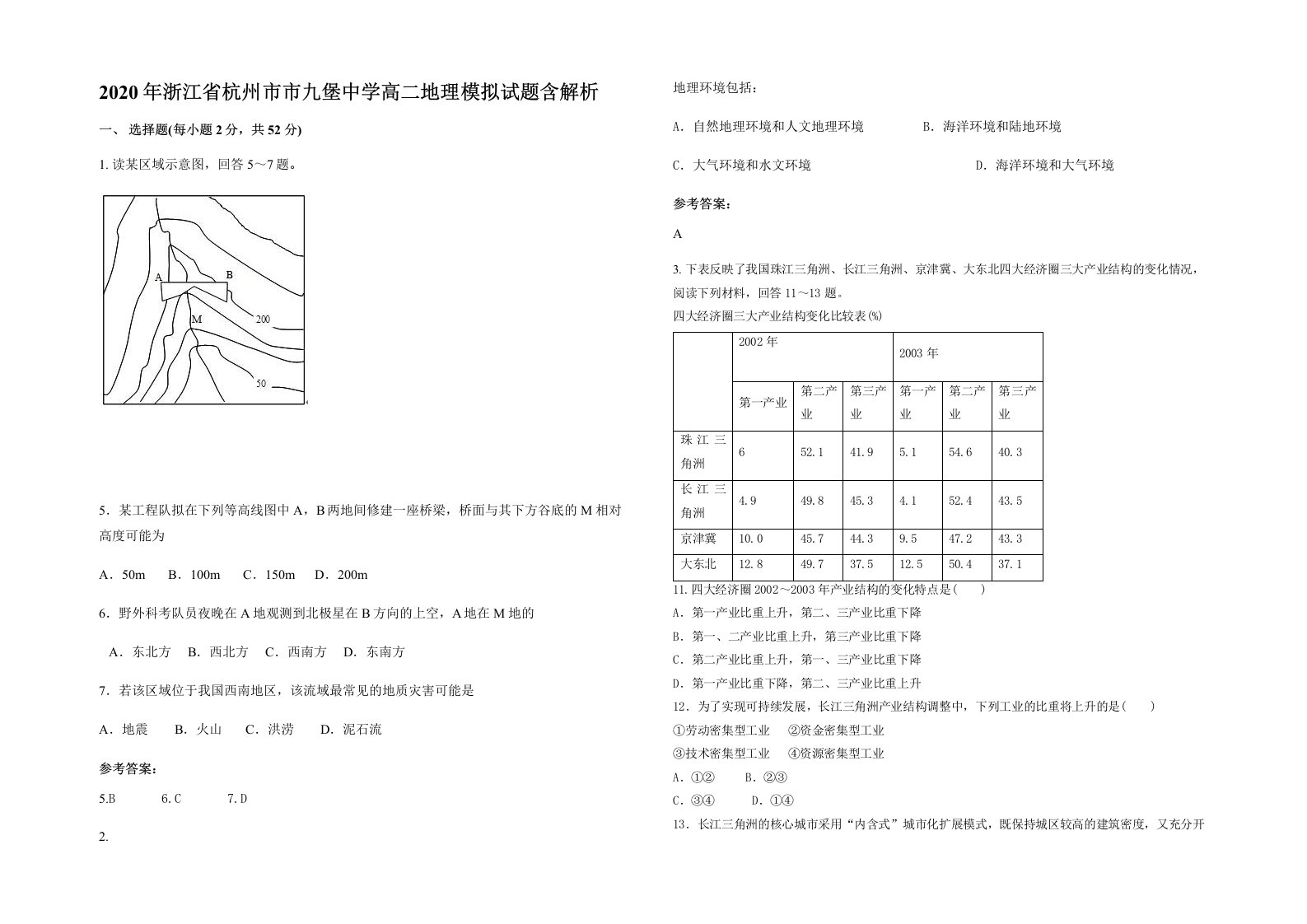 2020年浙江省杭州市市九堡中学高二地理模拟试题含解析