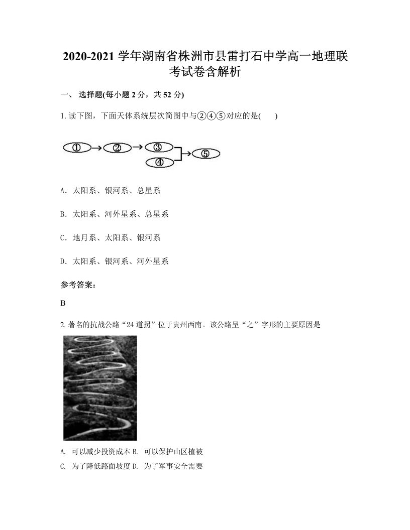 2020-2021学年湖南省株洲市县雷打石中学高一地理联考试卷含解析