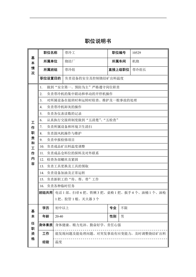 烧结厂机烧带冷组带冷工职位说明书