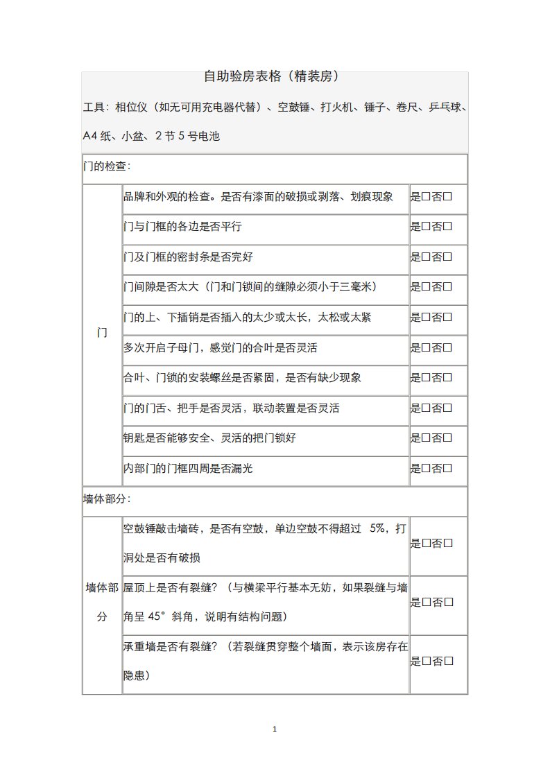 精装修验房最全表格