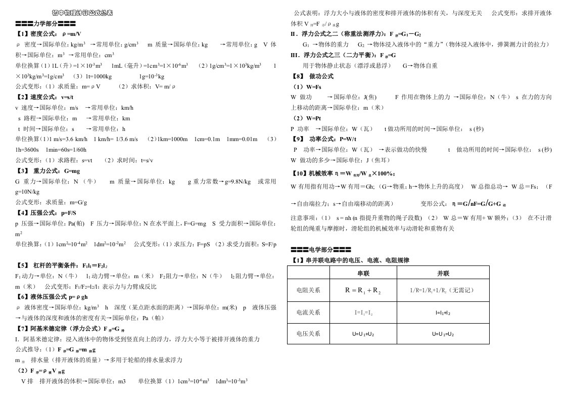 初中物理计算公式详细汇总