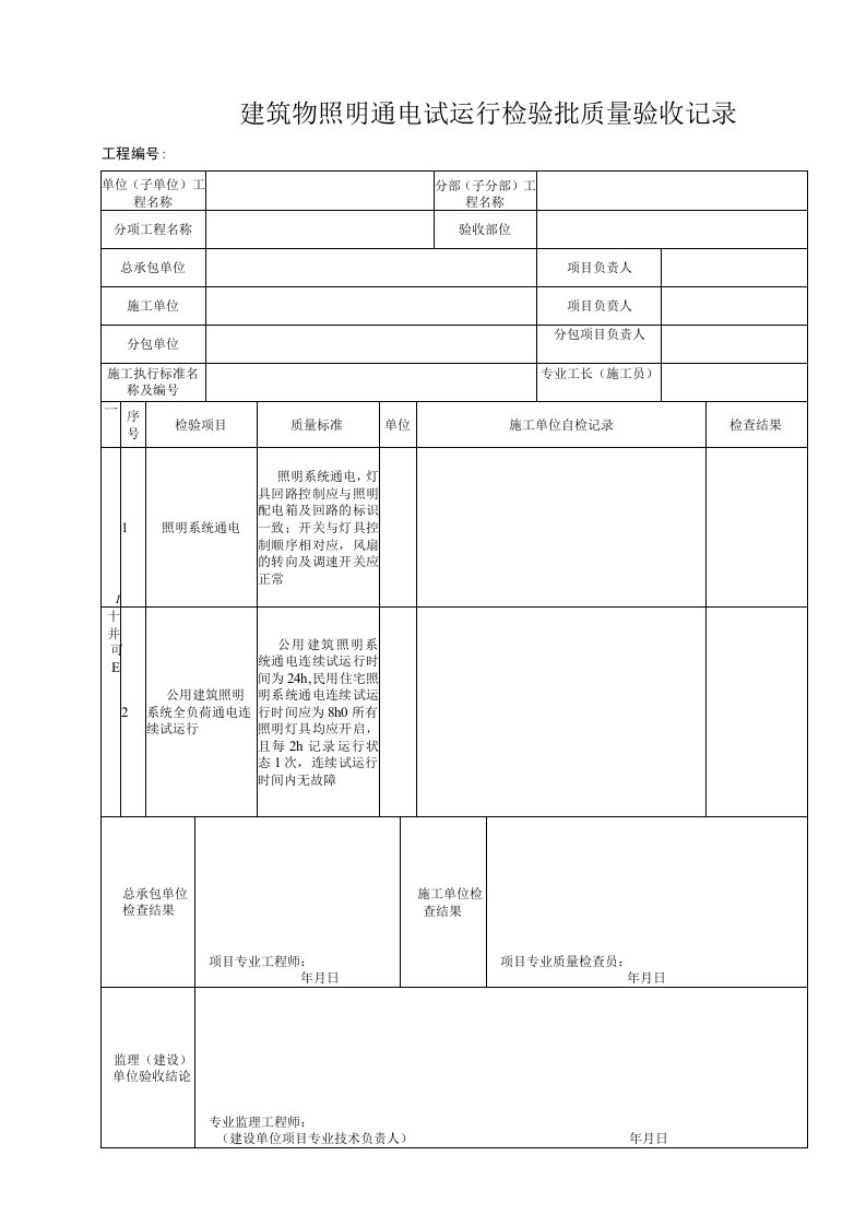 53311建筑物照明通电试运行检验批质量验收记录