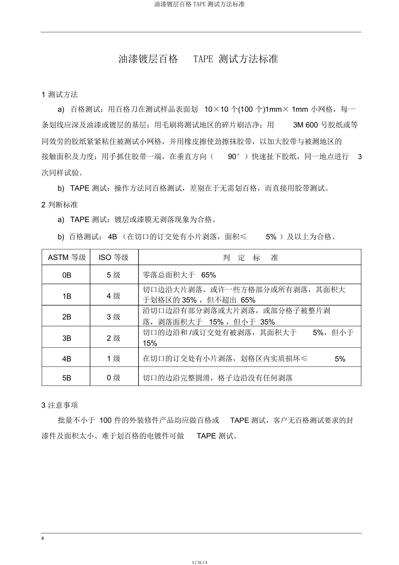 油漆镀层百格TAPE测试方法标准