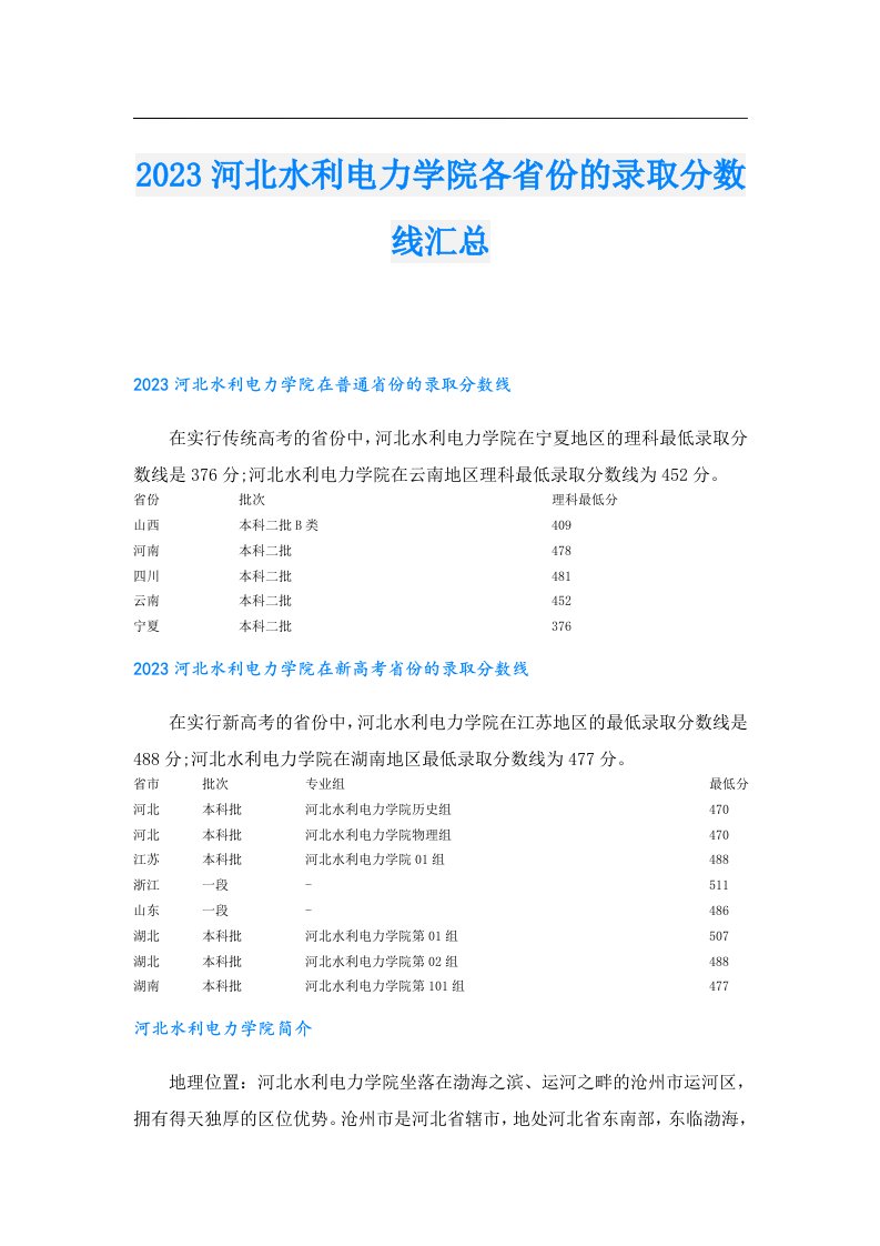 河北水利电力学院各省份的录取分数线汇总