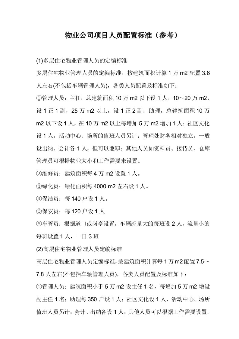 物业公司项目人员配置标准