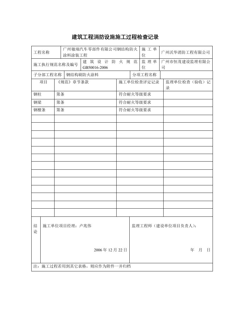 建筑工程消防设施施工过程检查记录