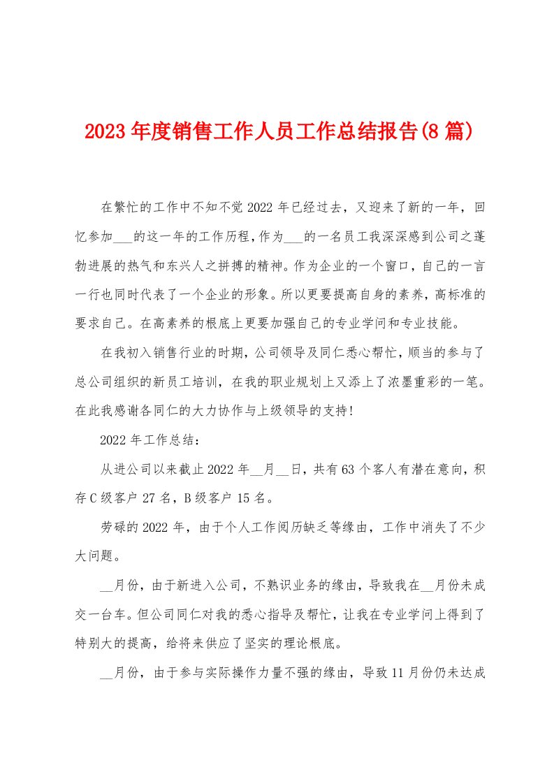 2023年度销售工作人员工作总结报告(8篇)