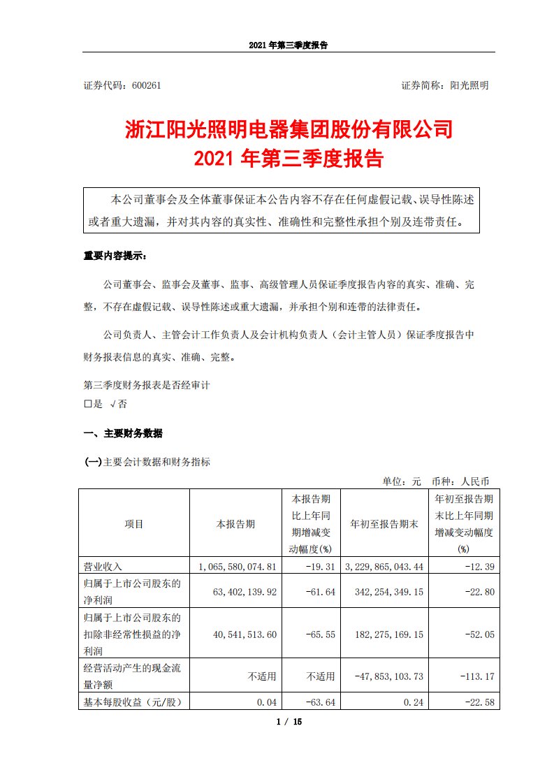 上交所-阳光照明2021年第三季度报告-20211029