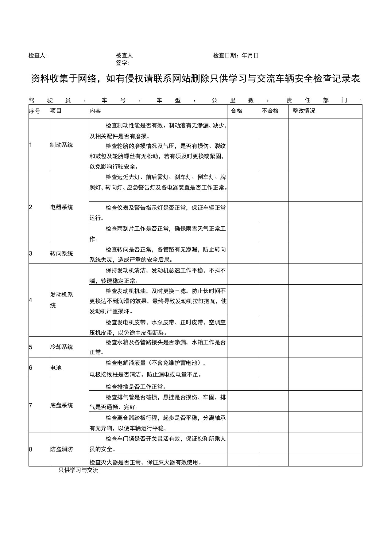 车辆安全检查记录表