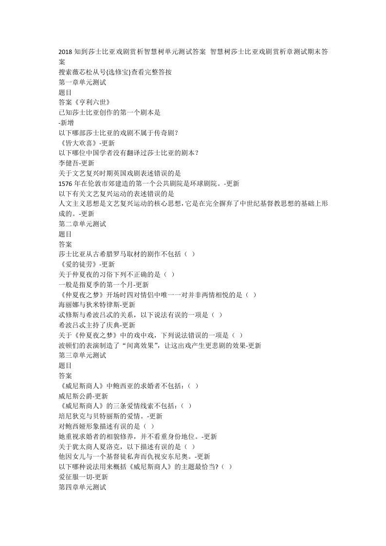 2018智慧树莎士比亚戏剧赏析章测试期末答案